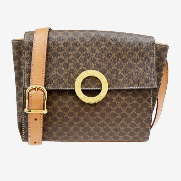 Celine Handbags - CELINE Macadam Circle Logo Shoulder Bag PVC Leather Brown GHW 88TA110